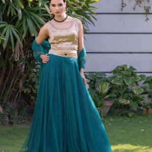 Net Semi Stitched Lehenga With Golden Blouse
